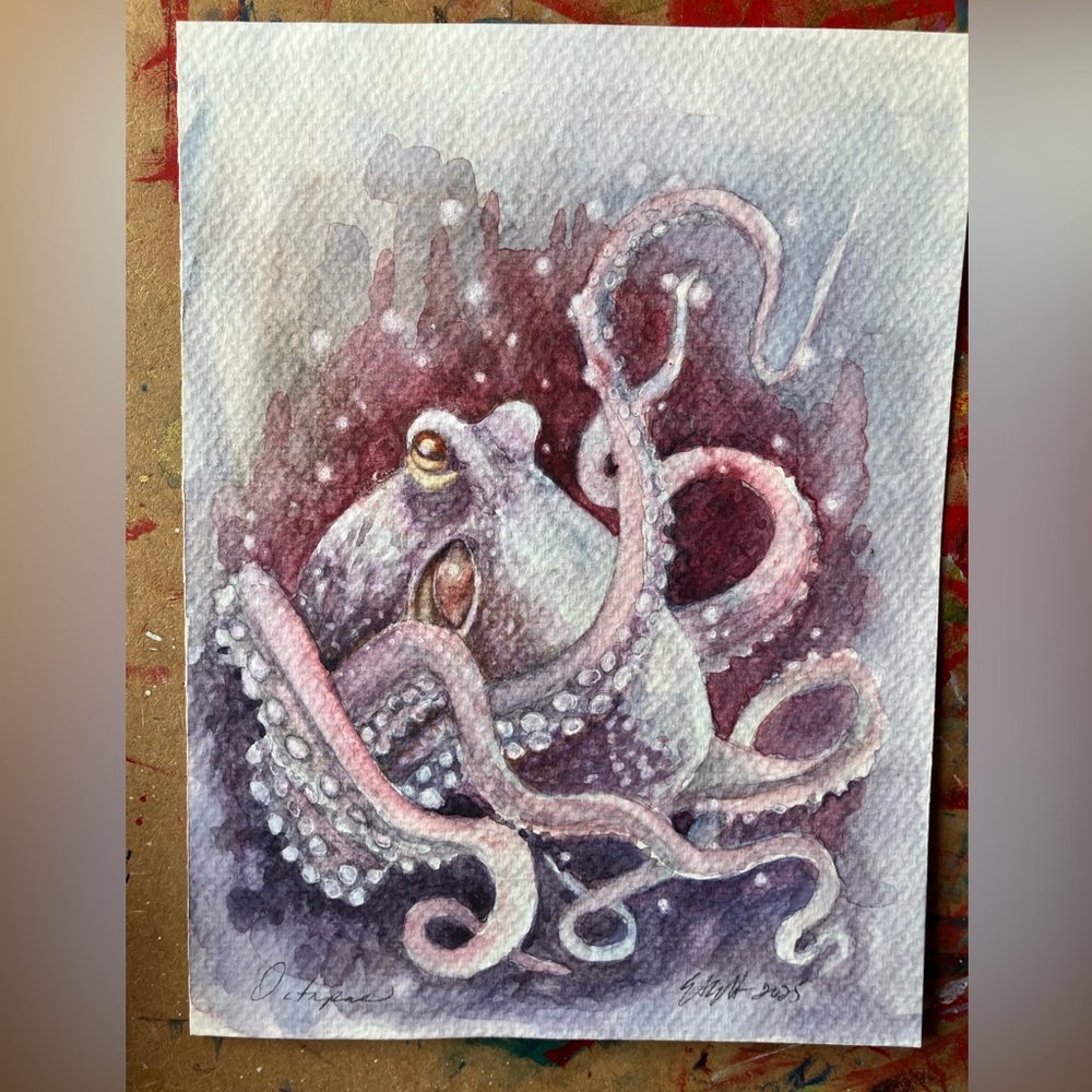 Original octopus painting kraken ocean art watercolor squid sealife artwork USA - Picture 2 of 5